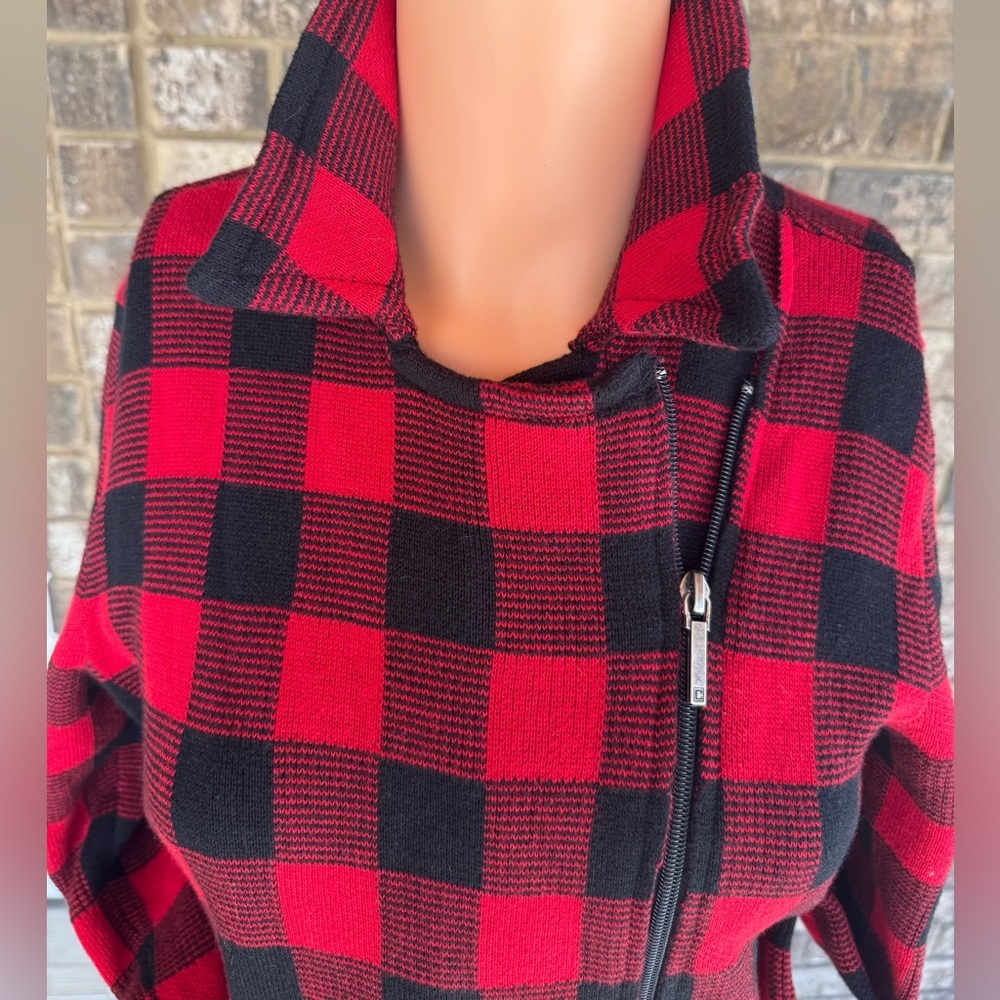 Red Black Buffalo Plaid Jacket Asymmetrical Zip Knit Small Petite - Picture 3 of 7